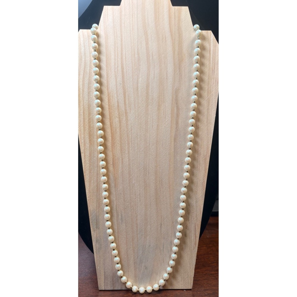 Faux Pearl Necklace Women 25in Cream Good Iridescent Gold Tone Spacers